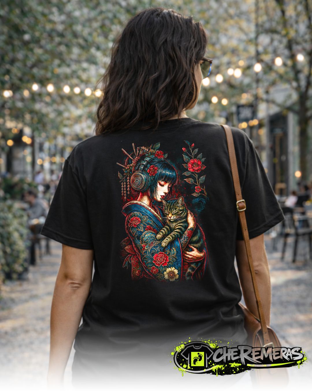Remera Geisha & Cat #14 - Back Black Solid