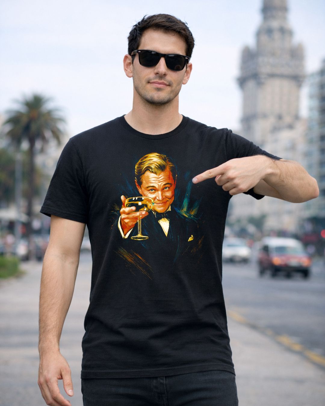 Remera Leonardo DiCaprio Toasting #154 - Front Black Solid