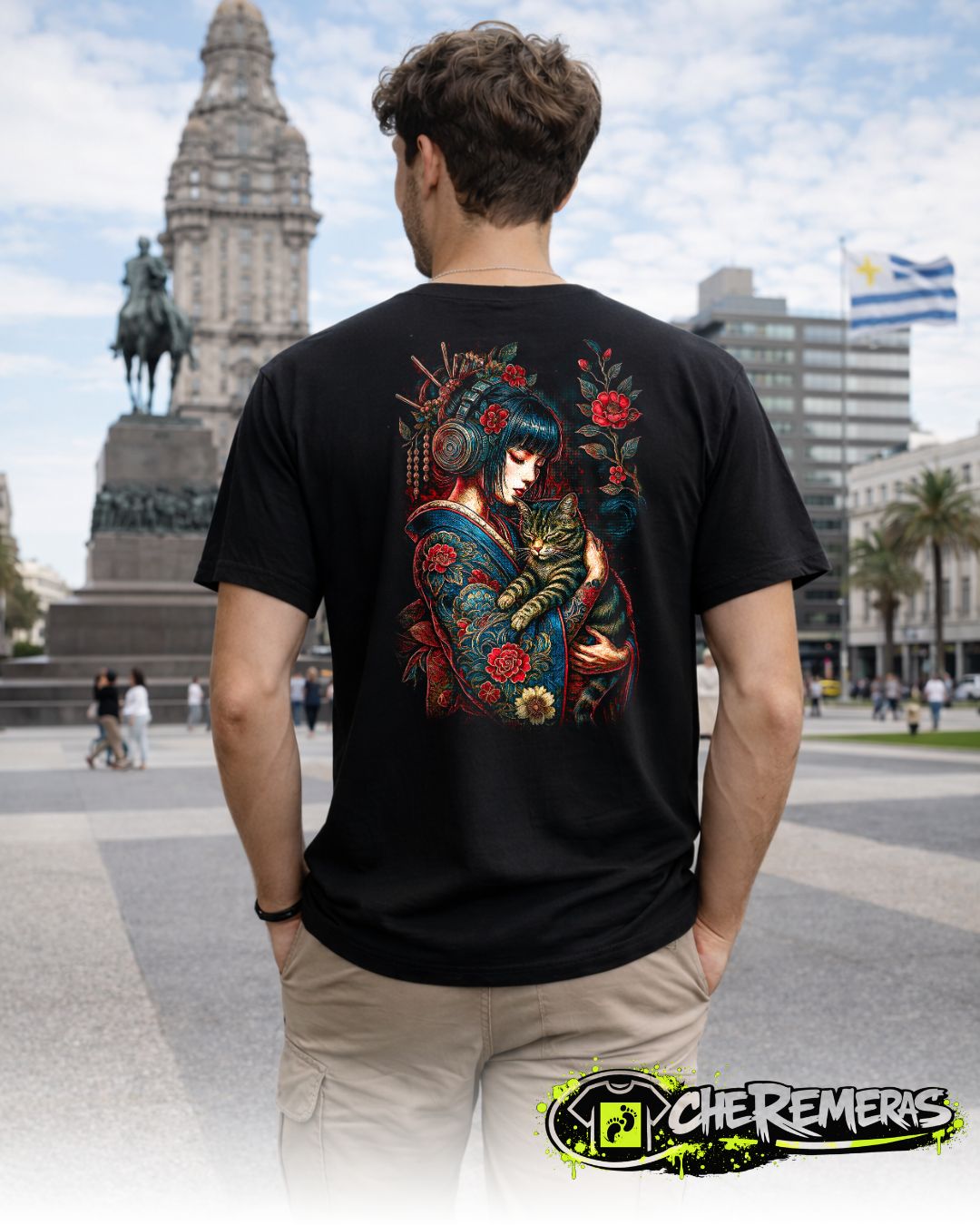 Remera Geisha & Cat #14 - Back Black Solid