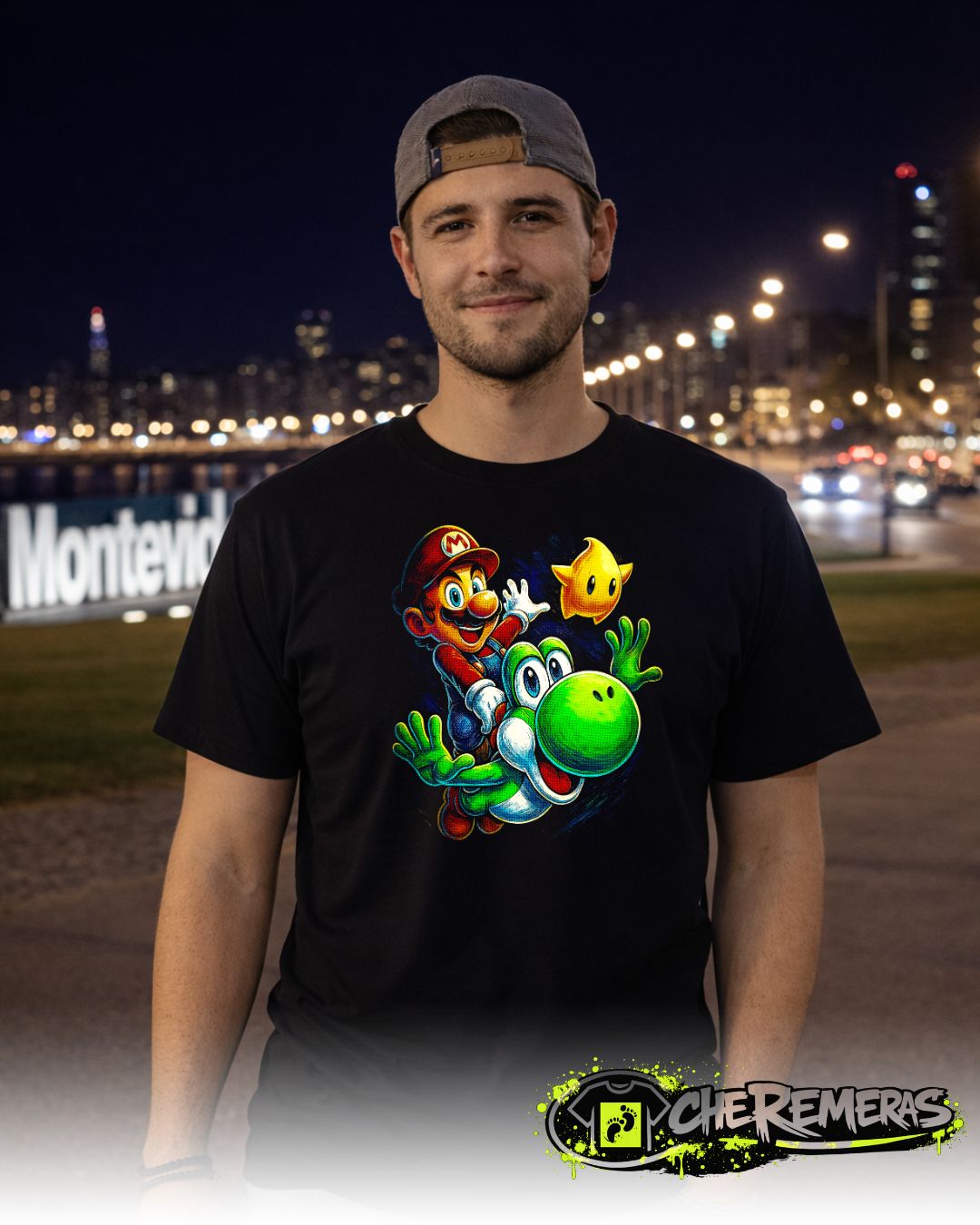 Remera Mario Bros & Yoshi #41 - Front Black Solid