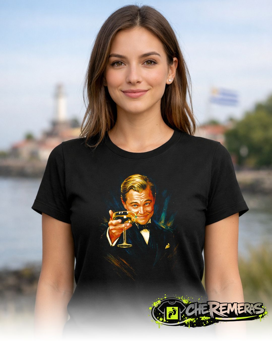 Remera Leonardo DiCaprio Toasting #154 - Front Black Solid