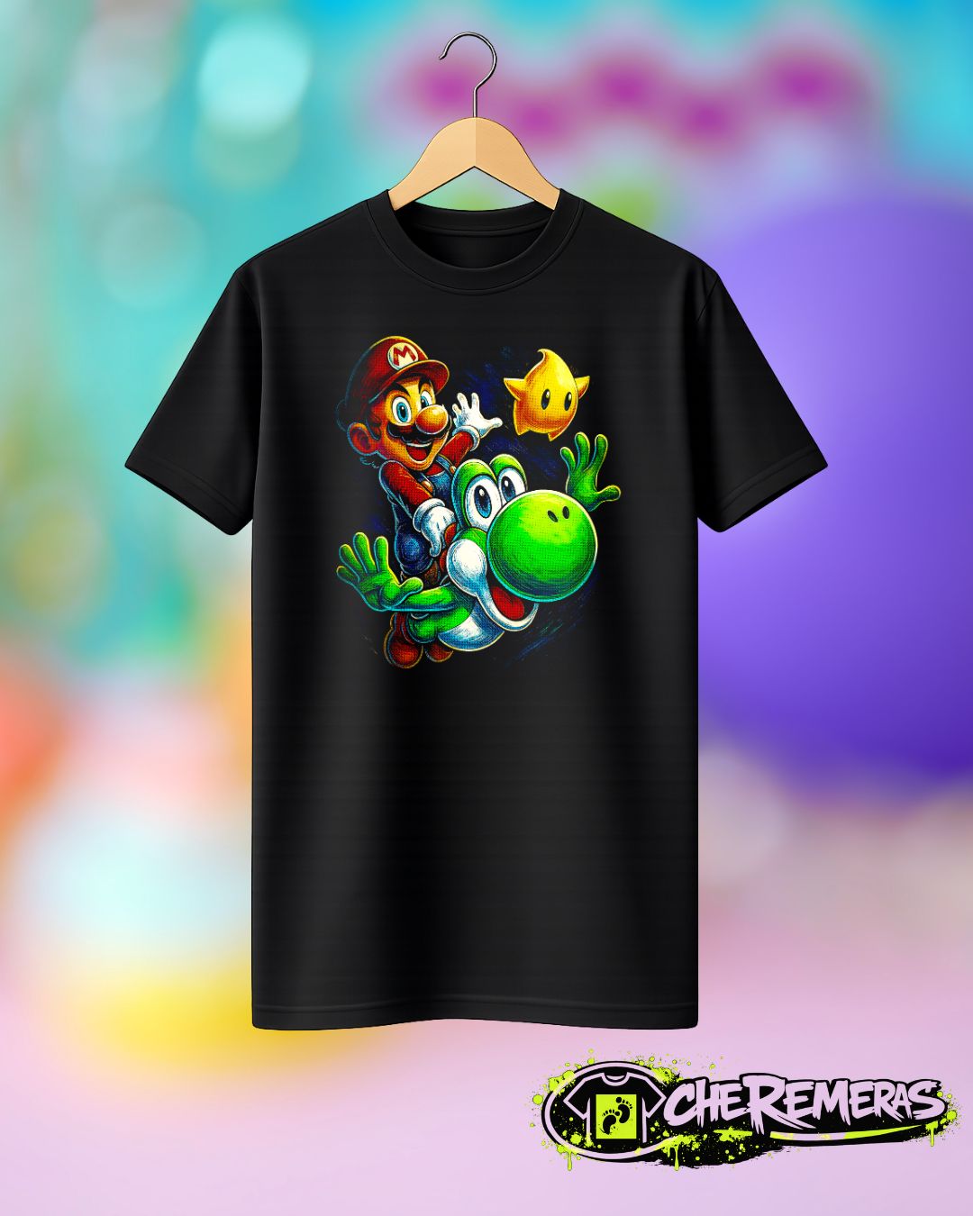 Remera Mario Bros & Yoshi #41 - Front Black Solid