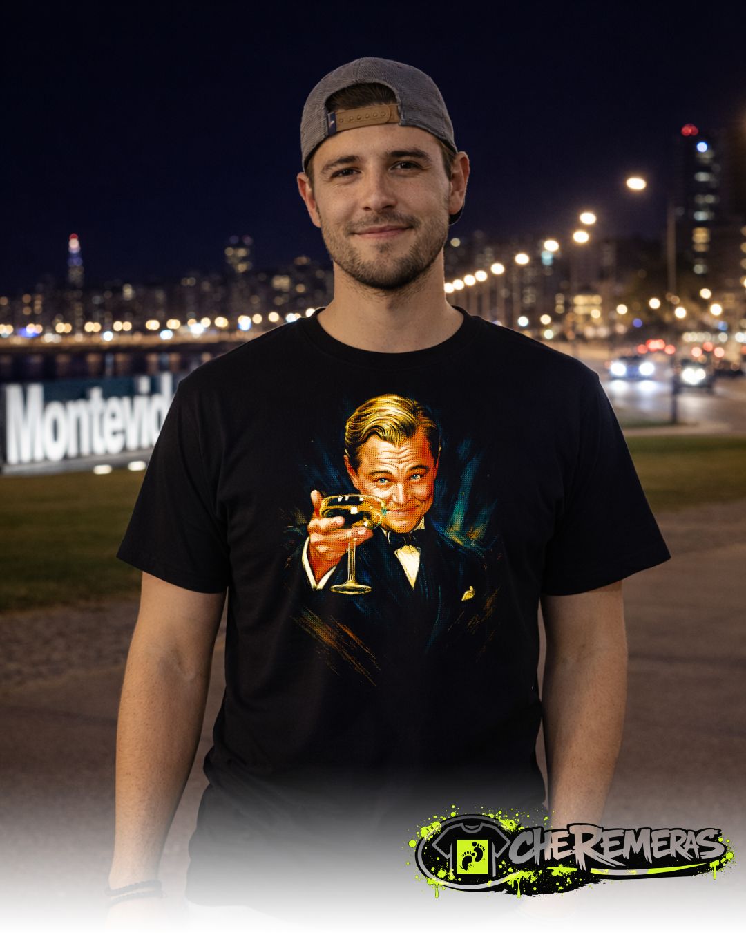 Remera Leonardo DiCaprio Toasting #154 - Front Black Solid