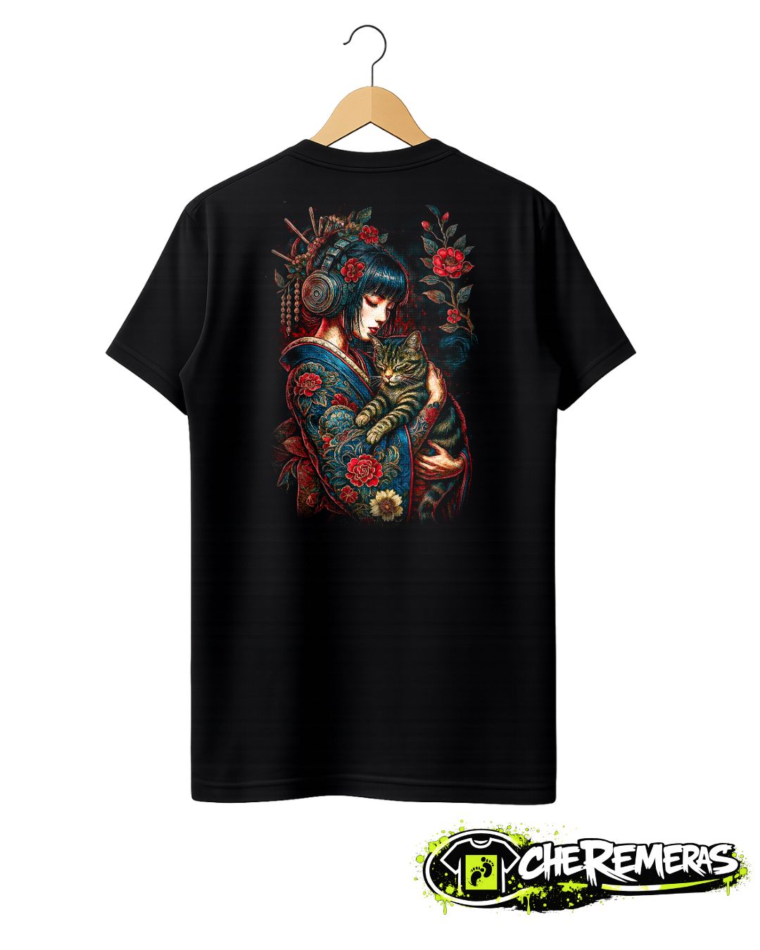 Remera Geisha & Cat #14 - Back Black Solid