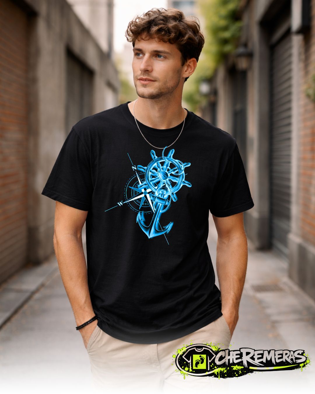Remera Compass Rudder & Anchor #97 - Front Black Solid