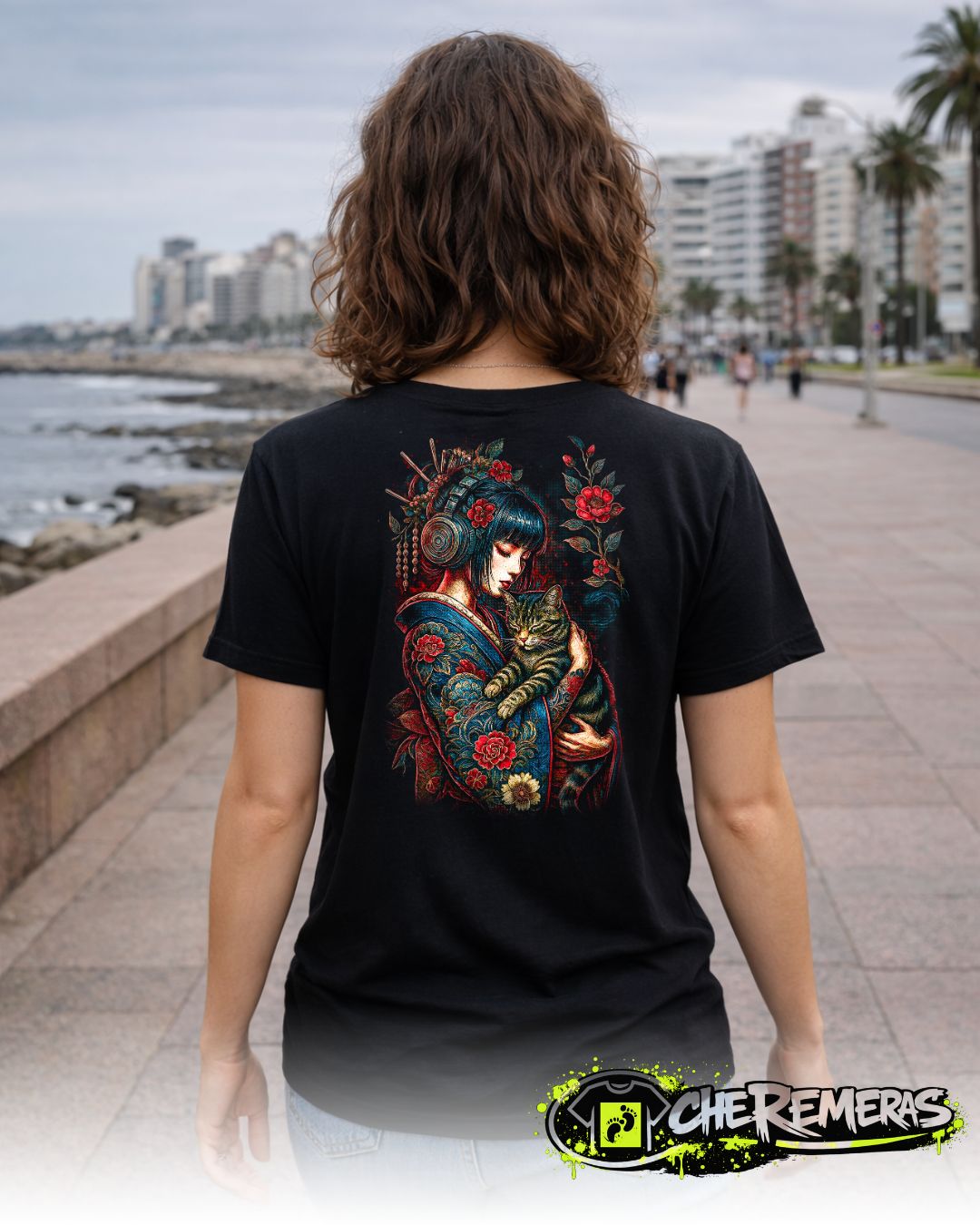 Remera Geisha & Cat #14 - Back Black Solid