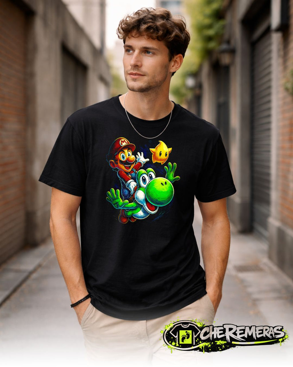 Remera Mario Bros & Yoshi #41 - Front Black Solid