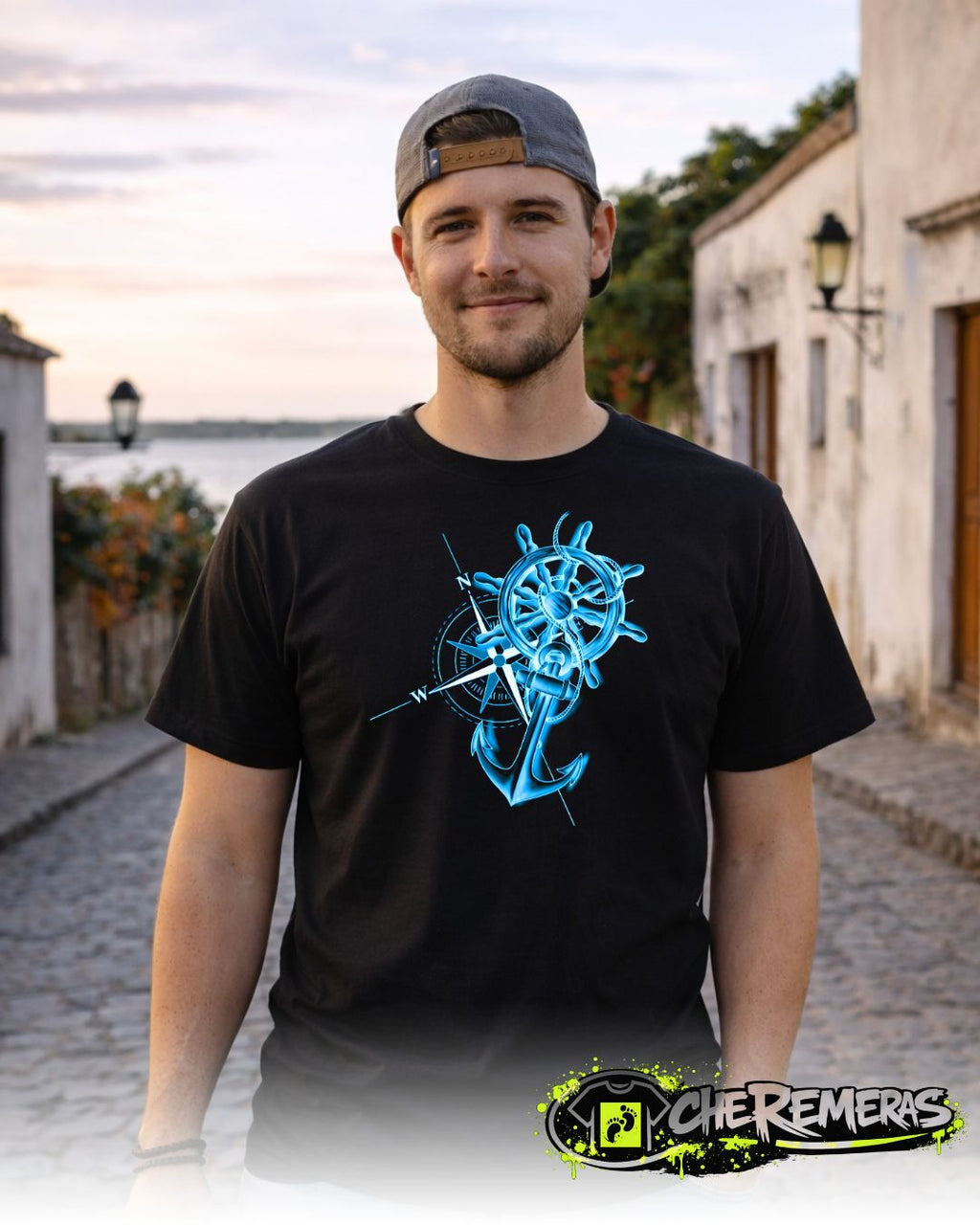 Remera Compass Rudder & Anchor #97 - Front Black Solid